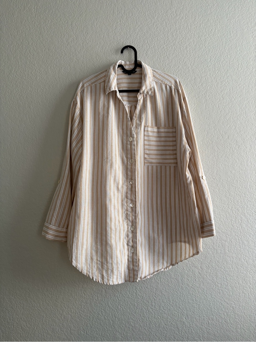 Women's Beige & White Striped Button-Down Shirt